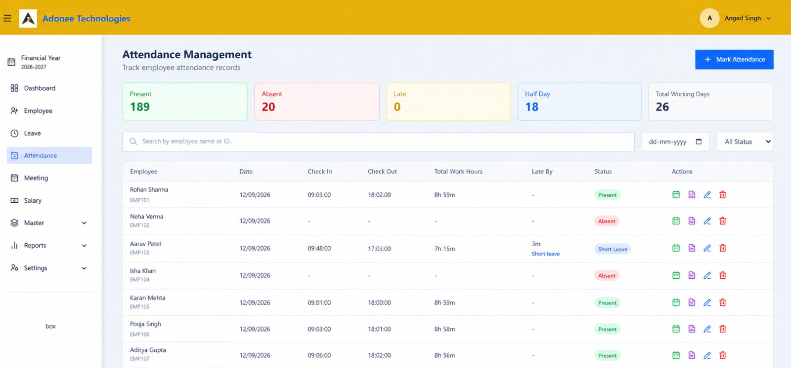 Adonee HRMS attendance management screen with daily check-in records