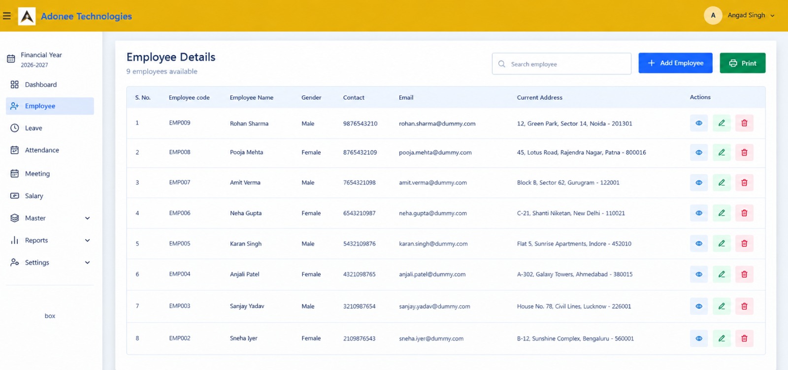 Adonee HRMS employee details dashboard listing employee records