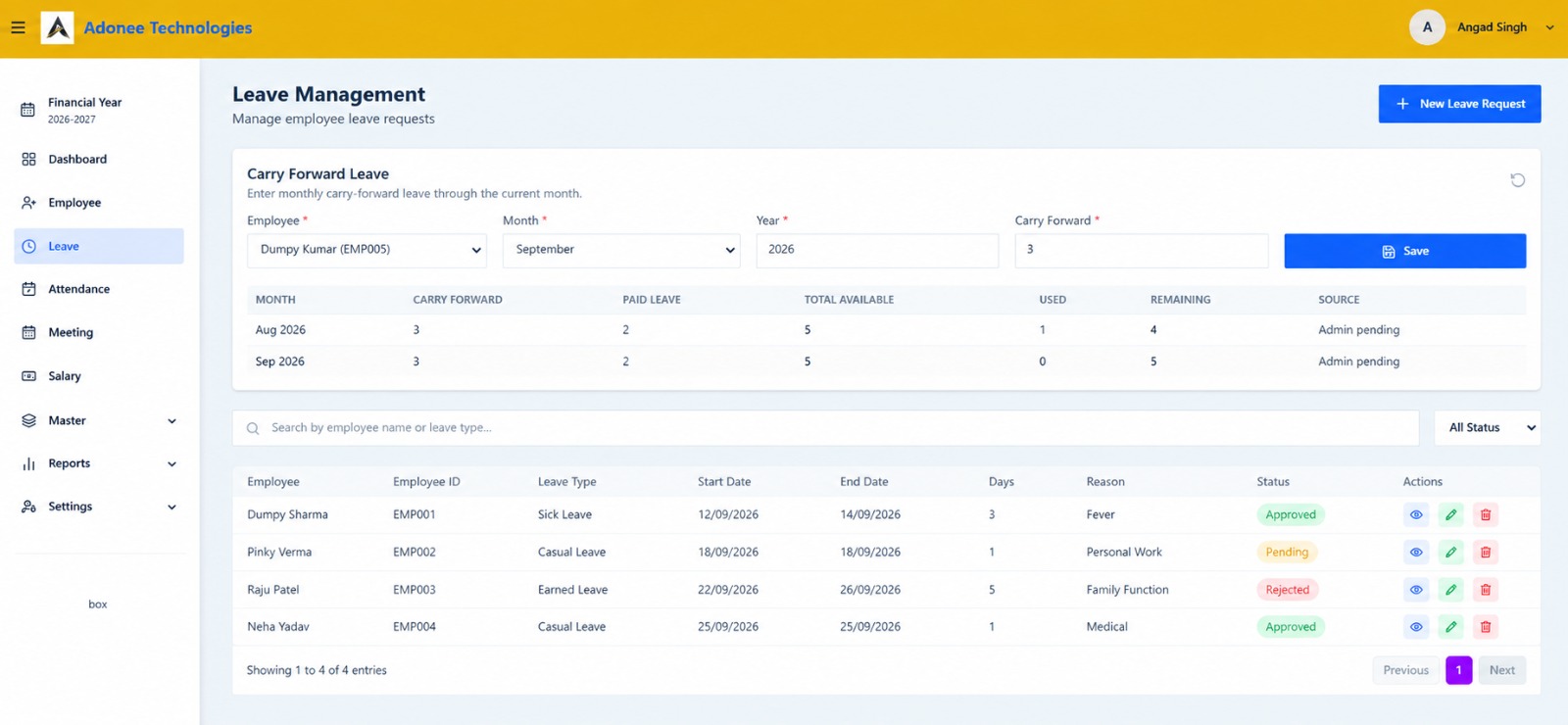 Adonee HRMS leave management screen showing leave requests and balances