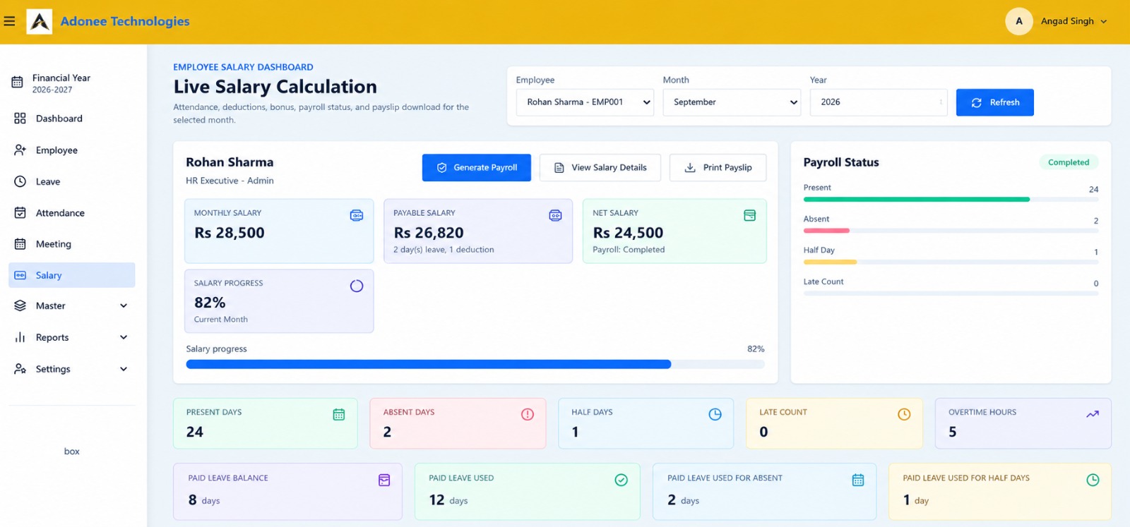 Adonee HRMS live salary calculation and payroll dashboard
